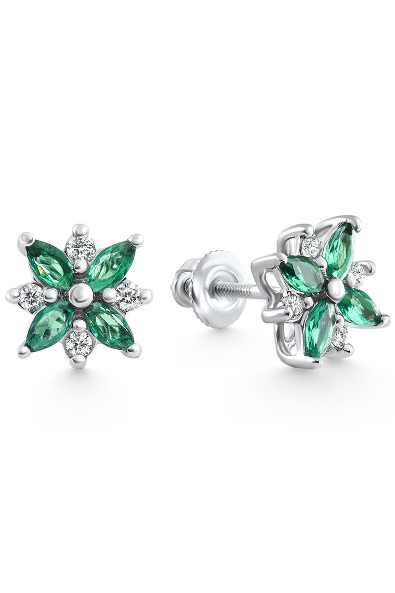 .60Ct Petal Green Emerald Diamond Earrings 14k Gold Lab Grown Studs, Alternate, color, 14k White Gold