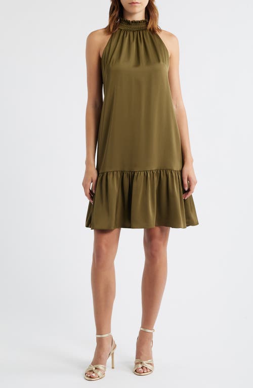 Vince Camuto Petite Satin Mock-neck Sleeveless Short Dress In Green