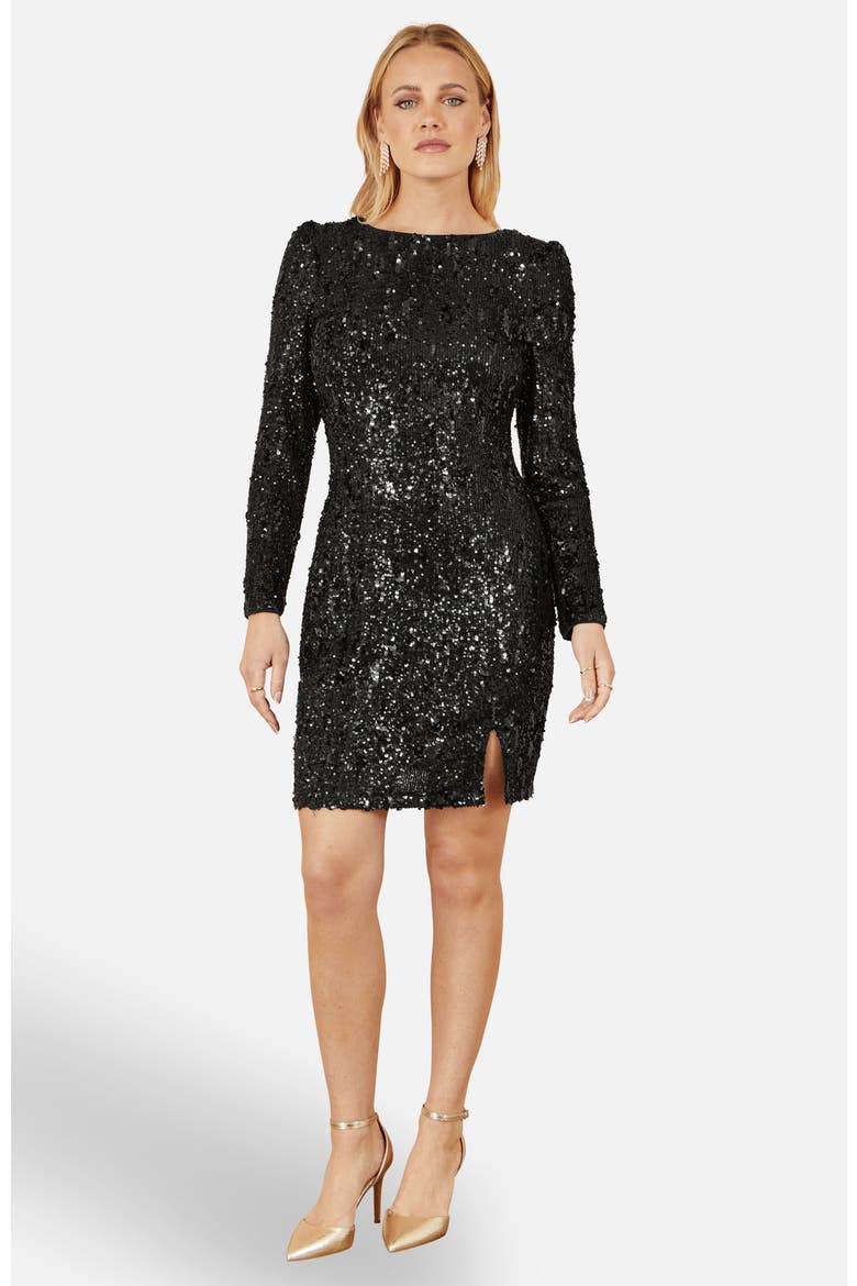 Sequin Long Sleeve Fitted Dress, Main, color, Black