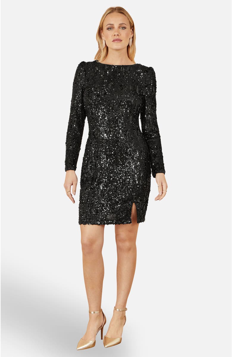 Yumi Sequin Long Sleeve Fitted Dress, Main, color, Black