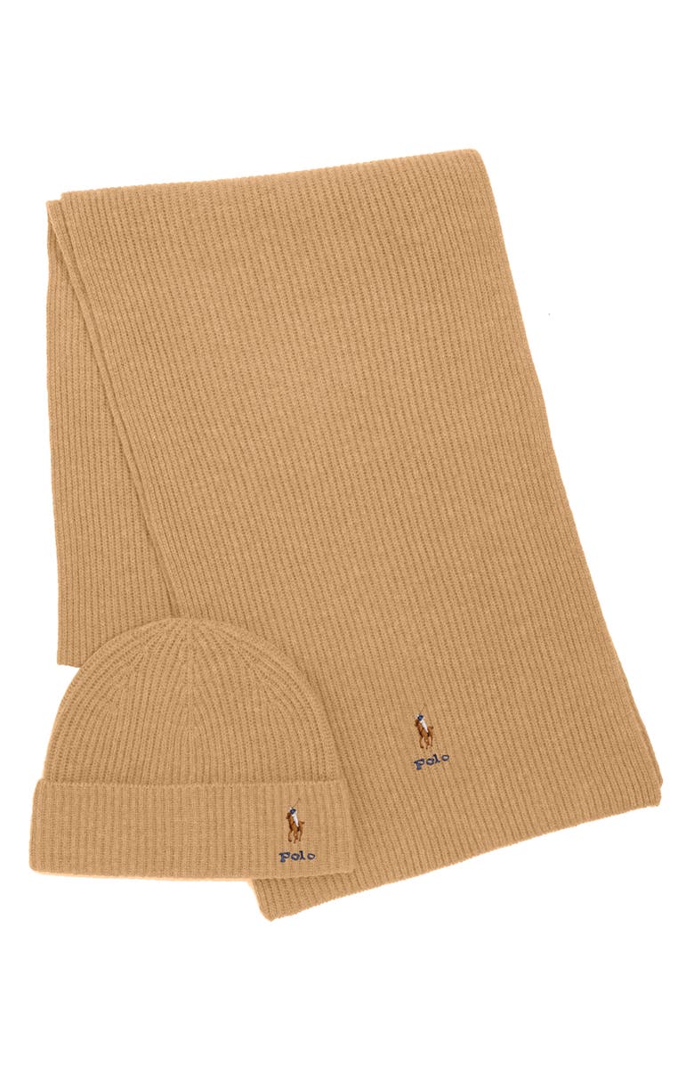 Polo Ralph Lauren Pony Merino Wool Hat & Scarf Set, Alternate, color, Classic Camel