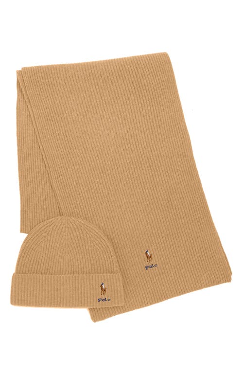 Polo Ralph Lauren Pony Merino Wool Hat & Scarf Set In Brown