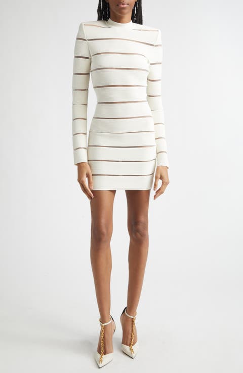 Illusion Stripe Long Sleeve Rib Glitter Knit Body-Con Minidress