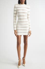 Balmain Illusion Stripe Long Sleeve Rib Glitter Knit Body-Con Minidress