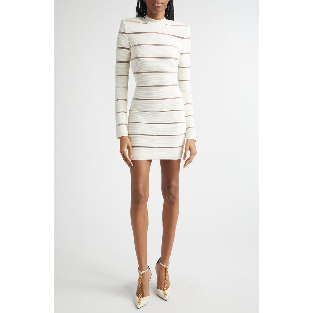 Balmain Illusion Stripe Long Sleeve Rib Glitter Knit Body-Con Minidress in Gdk Natural/gd at Nordstrom, Size 38