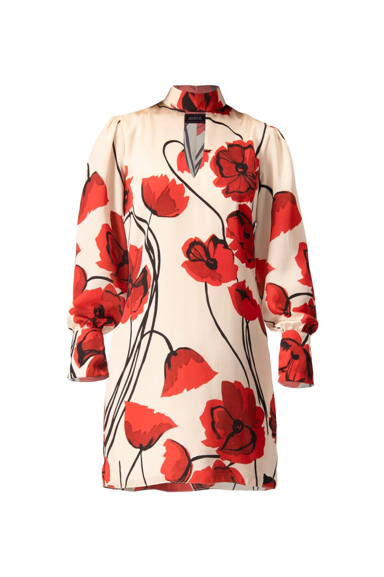 Floral Print Mini Dress with Mock Neck, Alternate, color, Ivory-Red