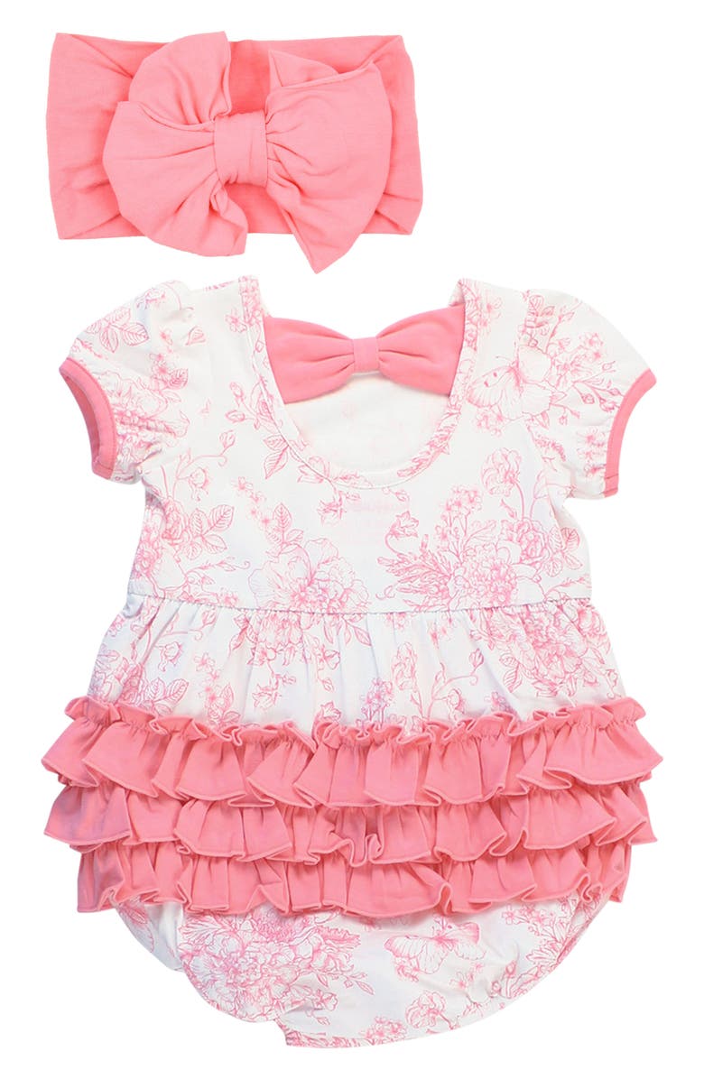 RuffleButts Butterfly Garden Toile Bubble Romper & Head Wrap Set, Alternate, color, 