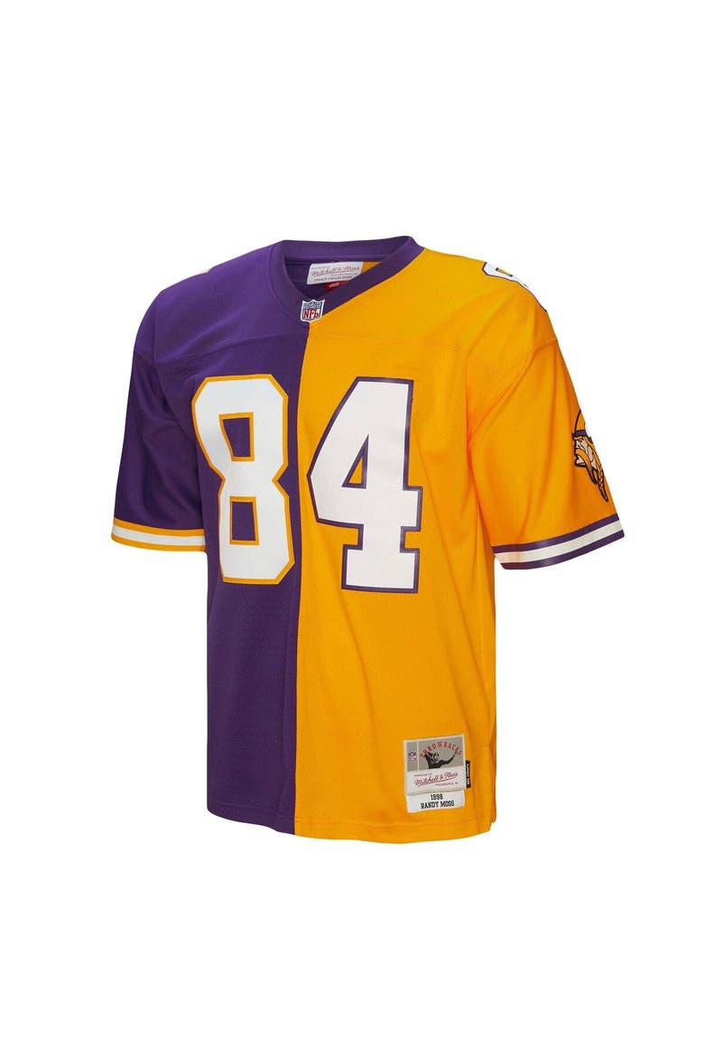 Men's Mitchell & Ness Randy Moss Purple/Gold Minnesota Vikings 1998 Split Legacy Replica Jersey, Alternate, color, Purple