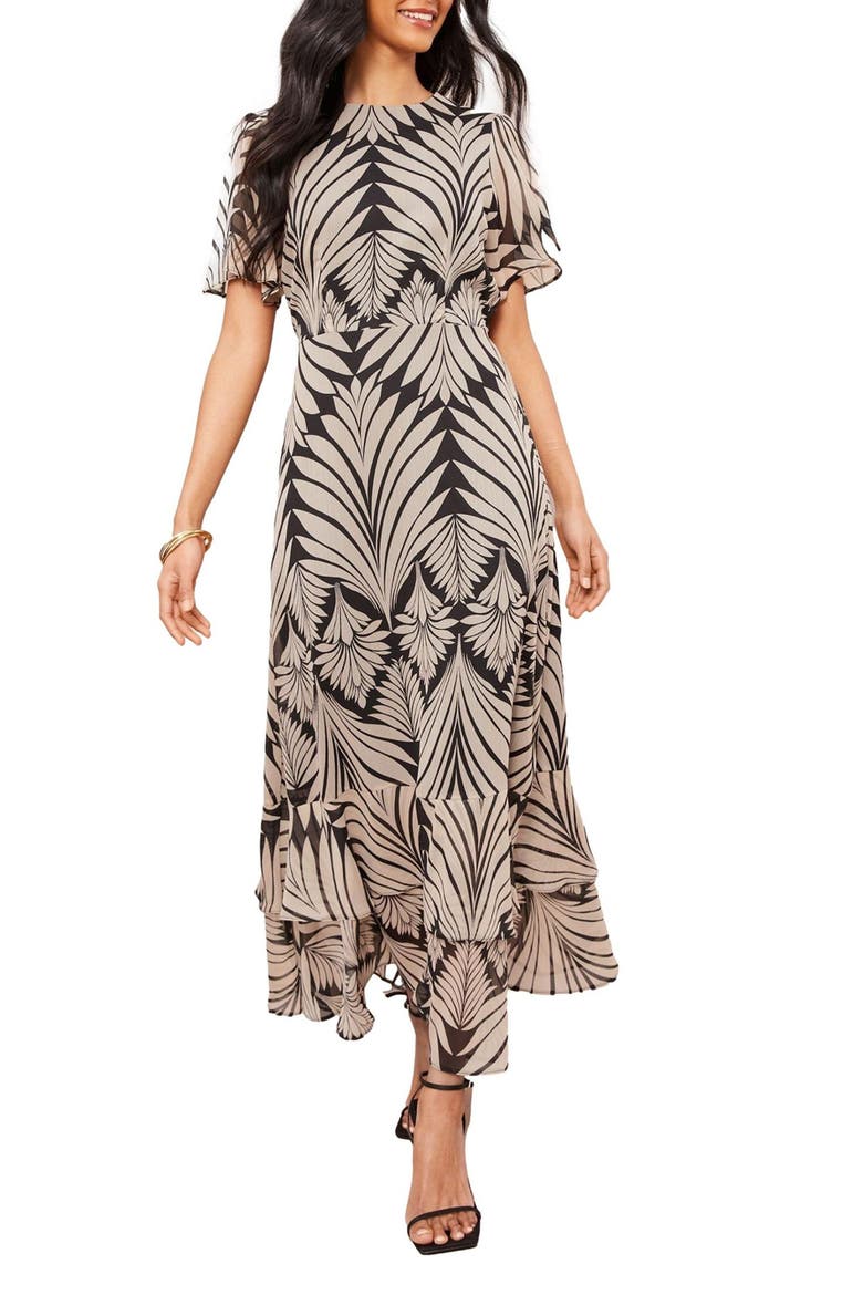 Leaf Print Chiffon Maxi Dress, Main, color, BLACK/ IVORY