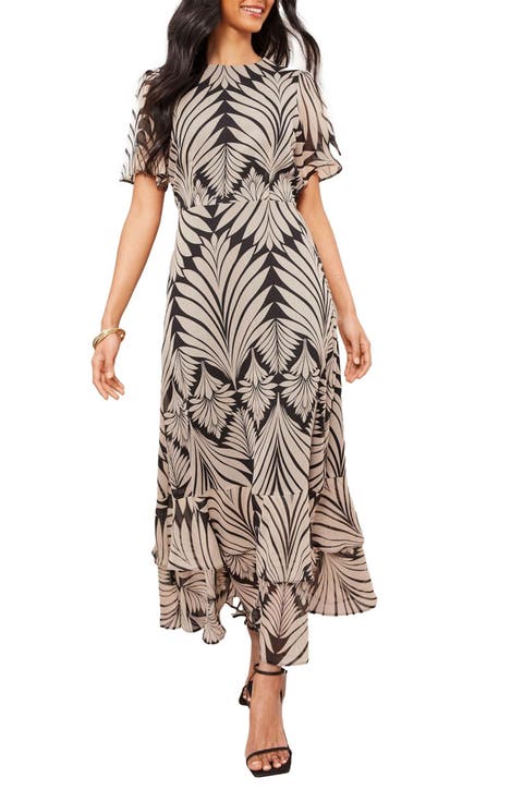 Leaf Print Chiffon Maxi Dress