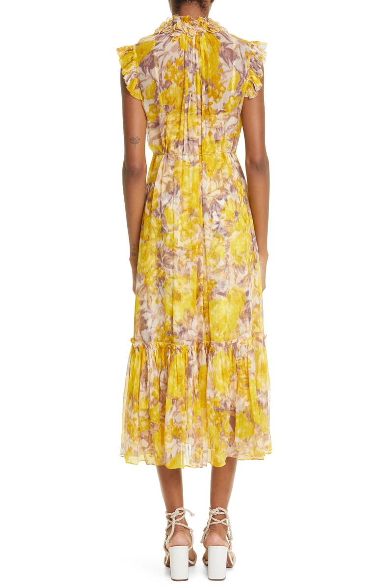 Zimmermann High Tide Flutter Sleeve Silk & Linen Midi Dress, Alternate, color, 