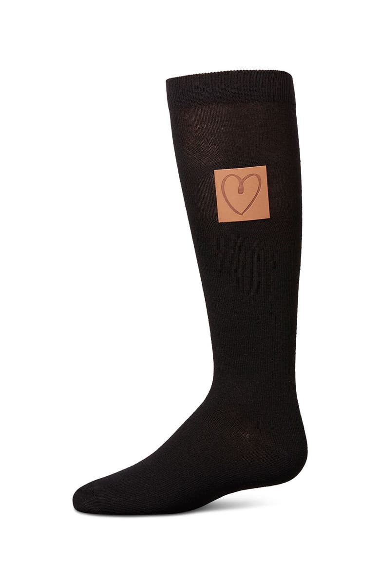 MeMoi Girl's Cork Heart Patch Tab Knee High Socks, Main, color, Black