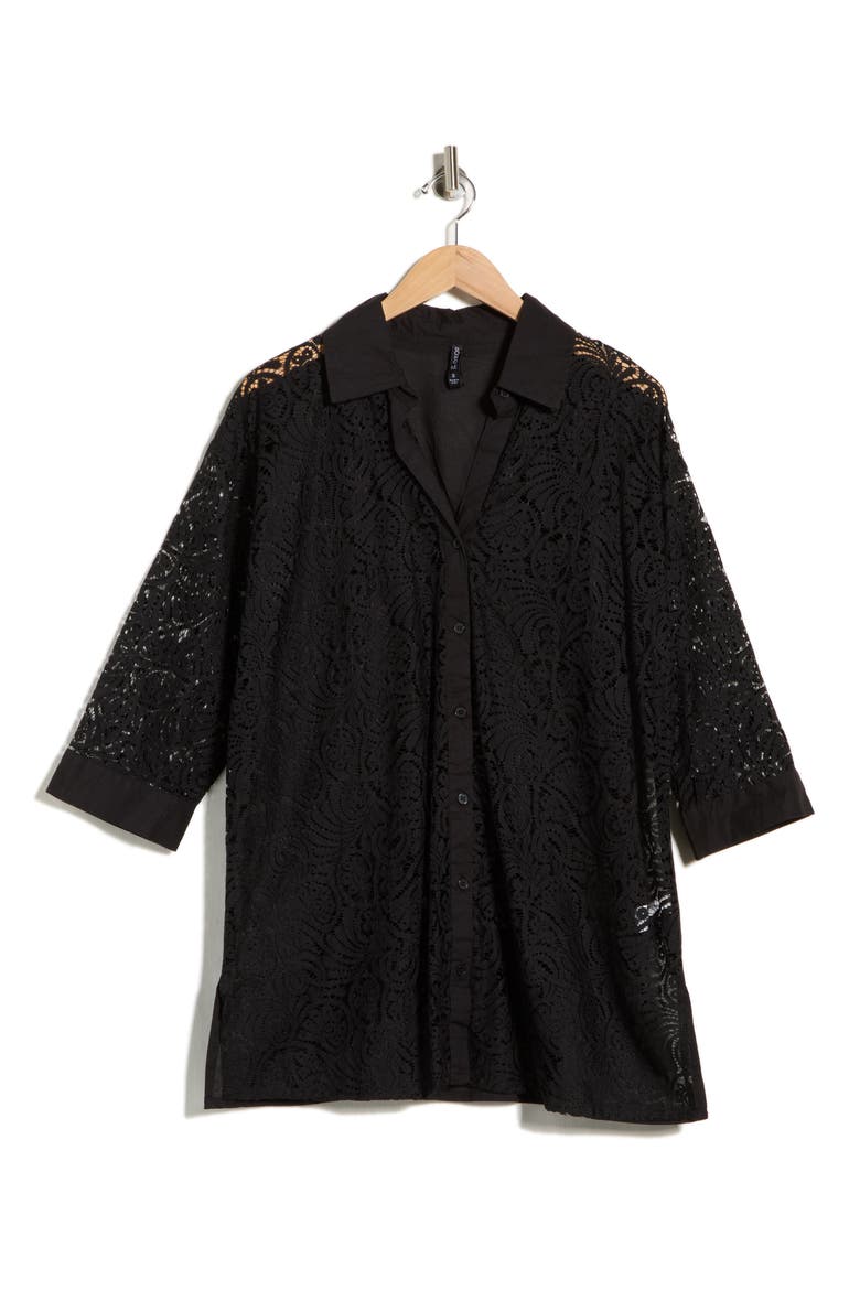 Lace Front Cover-Up Shirt, Alternate, color, BLACK