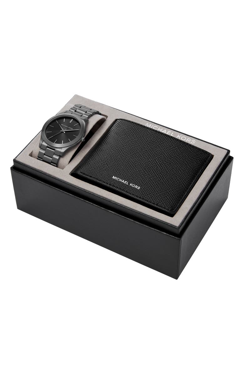 Michael Kors Slim Runway Bracelet Watch, 44mm & Wallet Set, Alternate, color, Gunmetal