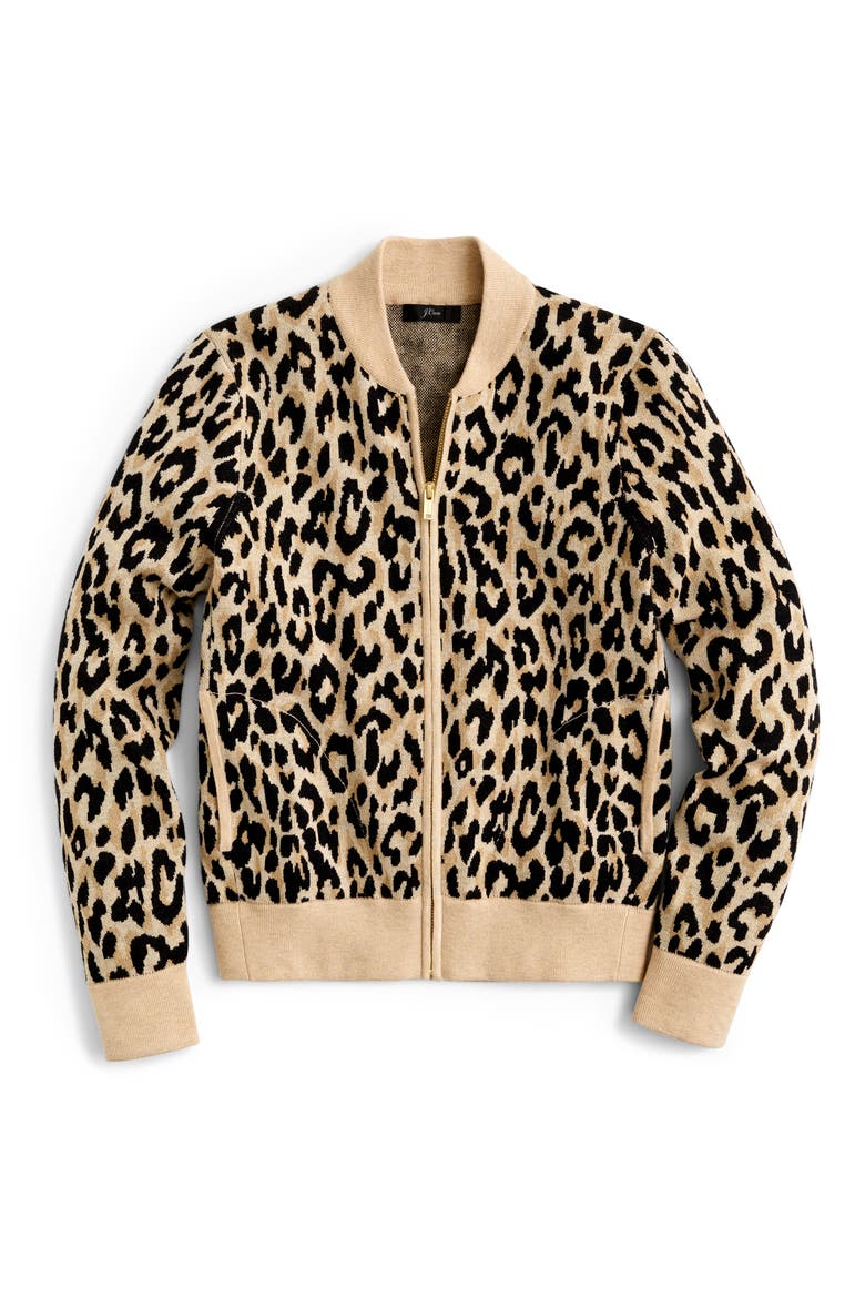 Leopard Bomber Sweater, Alternate, color, CAMEL KHAKI BLACK LEOPARD