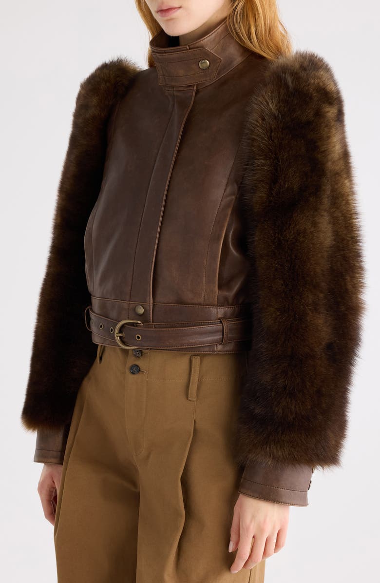Chloé Leather & Genuine Shearling Moto Jacket, Alternate, color, Bourbon Brown