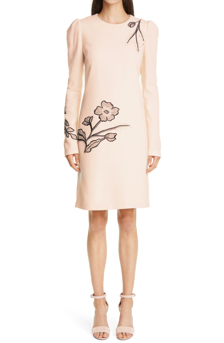 Lela Rose Long Sleeve Floral Embroidered Wool Crepe Tunic Dress, Main, color, 