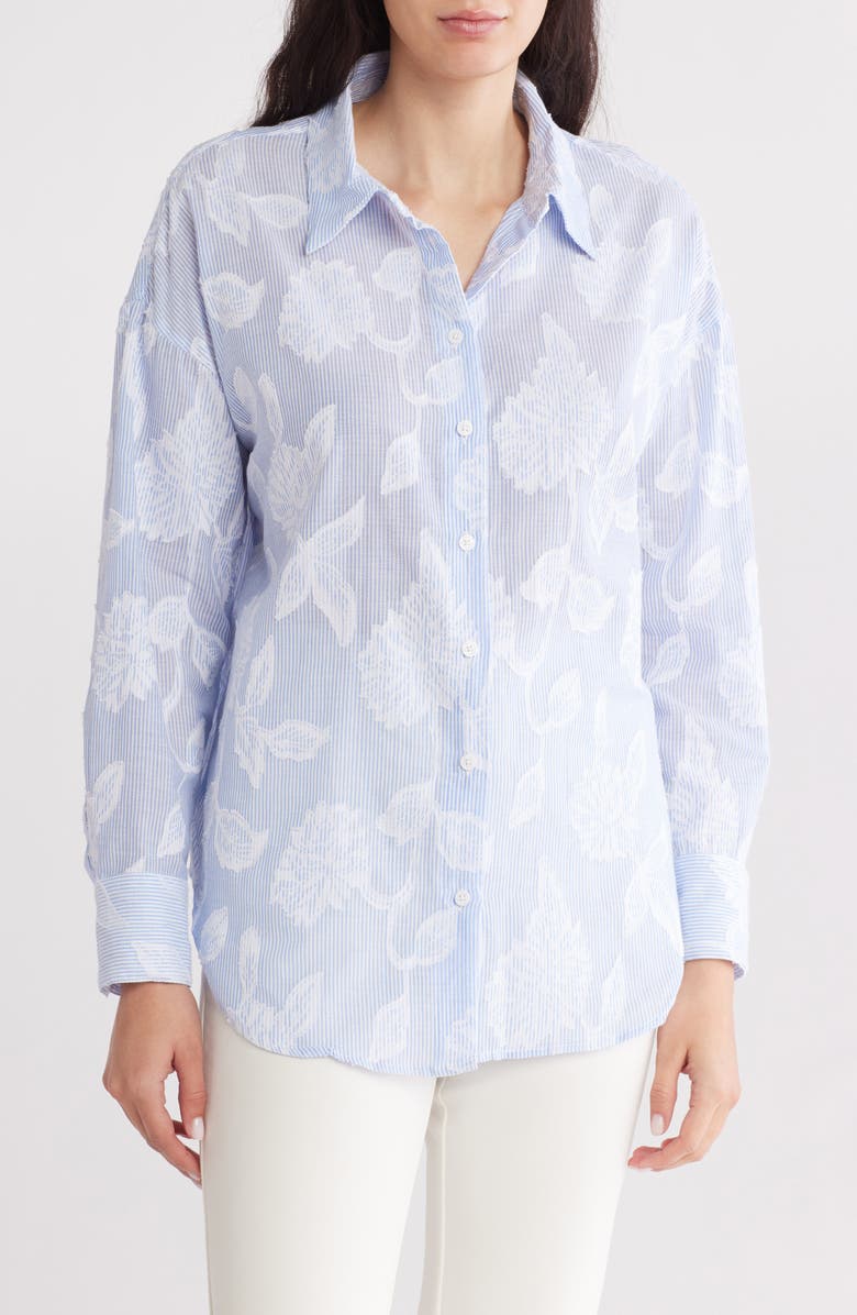 T Tahari Embossed Floral Stripe Button-Up Shirt, Main, color, 
