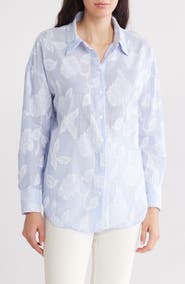 T Tahari Embossed Floral Stripe Button-Up Shirt