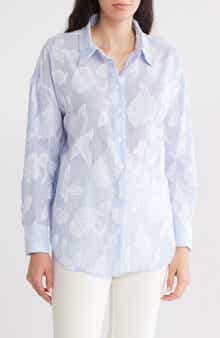T Tahari Embossed Floral Stripe Button-Up Shirt