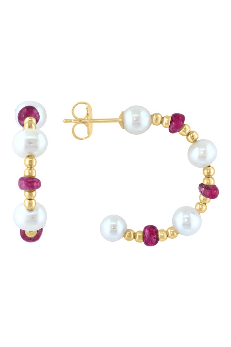 14K Yellow Gold 3.5–4.5mm Freshwater Pearl & Sapphire Beaded Hoop Earrings, Main, color, RED