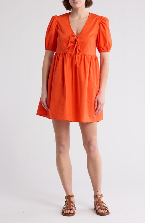 Tie Front Puff Sleeve Poplin Minidress