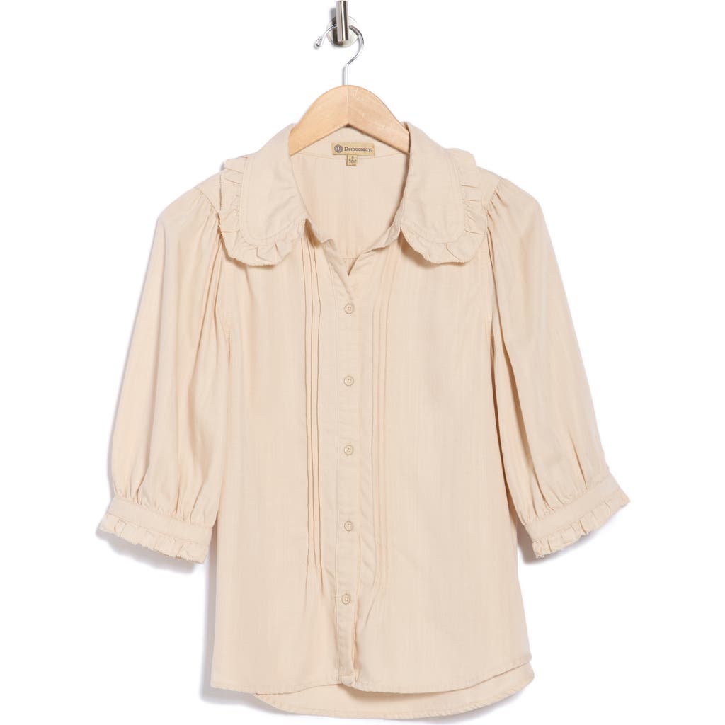 Democracy Three-quarter Sleeve Ruffle Button-up Shirt In Pink