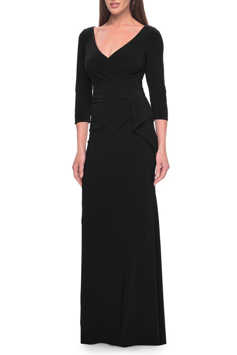 Three Quarter Sleeve Jersey Evening Dress with Ruffle Detail, Main, color, Black