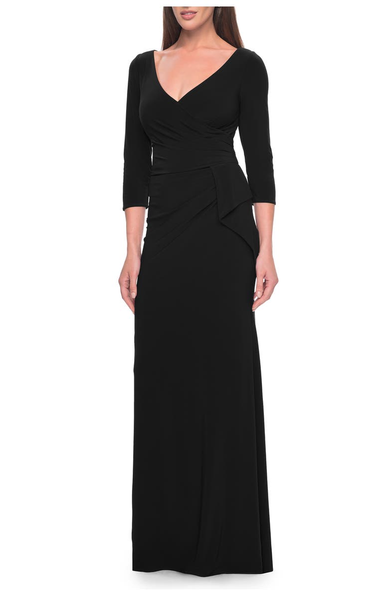 La Femme Three Quarter Sleeve Jersey Evening Dress with Ruffle Detail, Main, color, Black