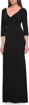 La Femme Three Quarter Sleeve Jersey Evening Dress with Ruffle Detail