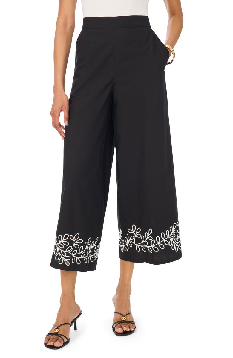 Vince Camuto Embroidered Cutout Crop Pants, Main, color, Rich Black