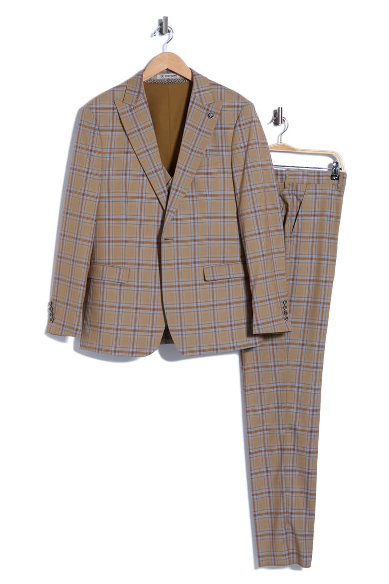 Windowpane Plaid 3-Piece Suit, Alternate, color, TAN / BLUE