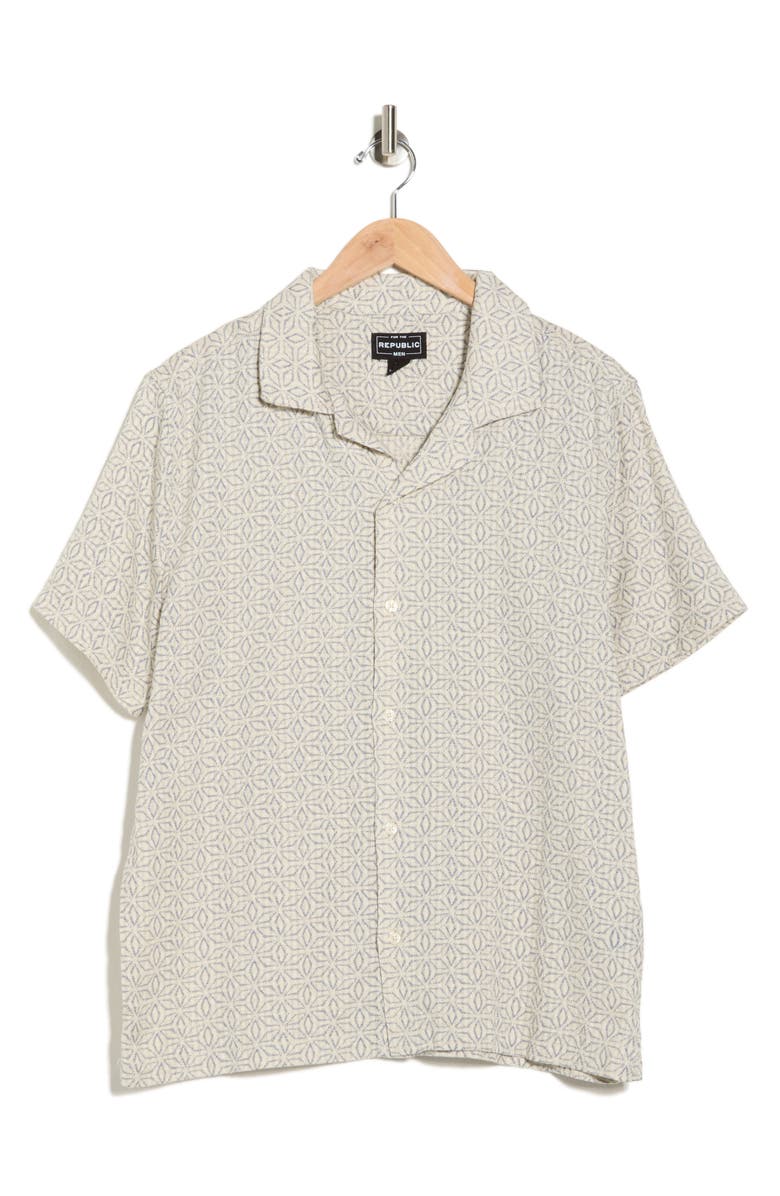 FOR THE REPUBLIC Geo Print Cotton & Linen Camp Shirt, Alternate, color, Ivory Navy Geo Diamond Floral