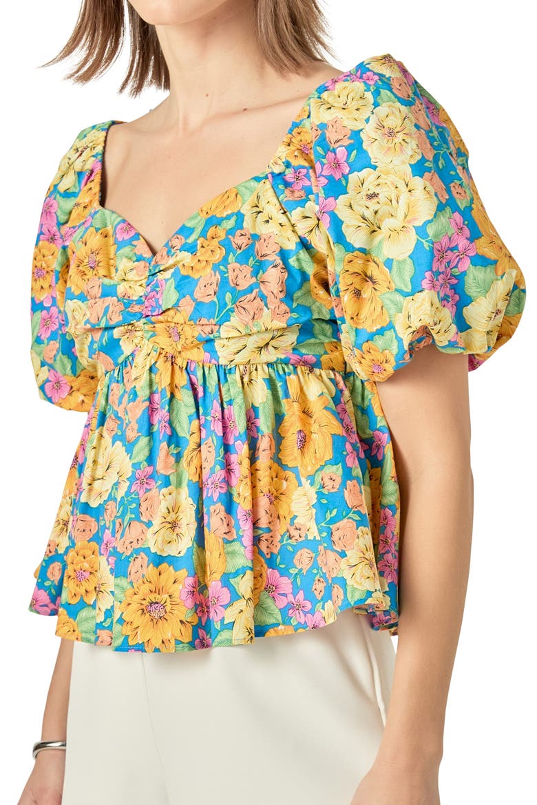 Floral Print Puff Sleeve Shirt, Alternate, color, BLUE MULTI