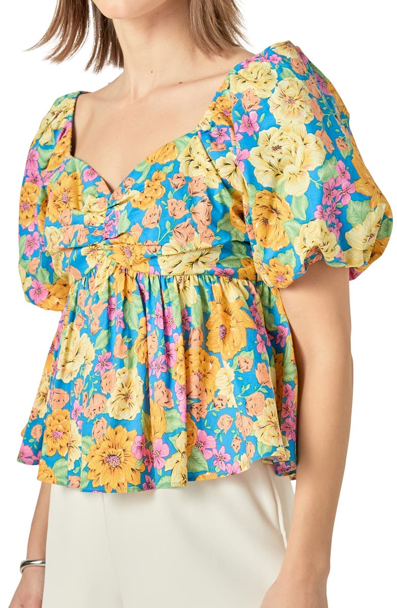 English Factory Floral Print Puff Sleeve Shirt, Alternate, color, Blue Multi