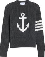 Thom Browne 4-Bar Anchor Intarsia Cable Stitch Merino Wool Sweater