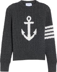 Thom Browne 4-Bar Anchor Intarsia Cable Stitch Merino Wool Sweater