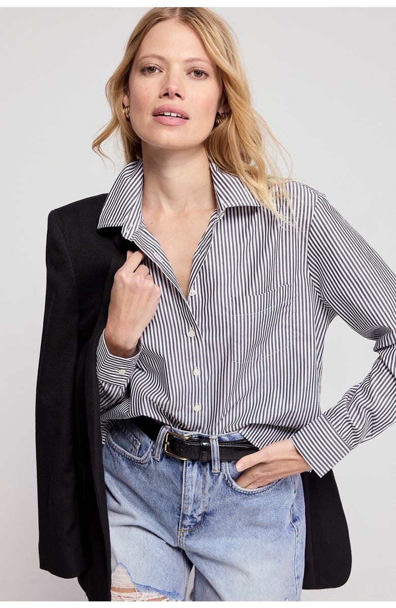 The Shirt by Rochelle Behrens The Long Sleeve Boxy Crop Shirt, Alternate, color, Black/White Stripe