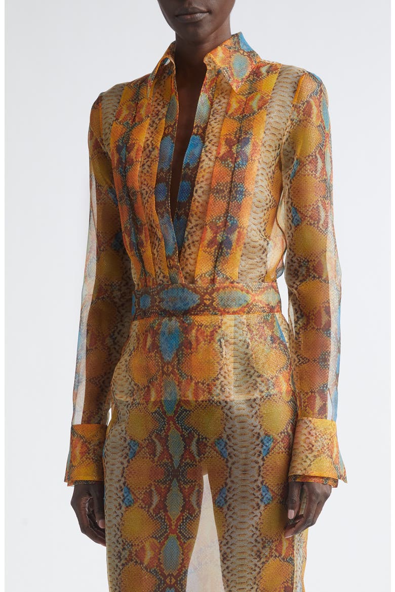 Shimmer Snakeskin Print Pleated Double Cuff Button-Up Shirt, Main, color, SNAKE