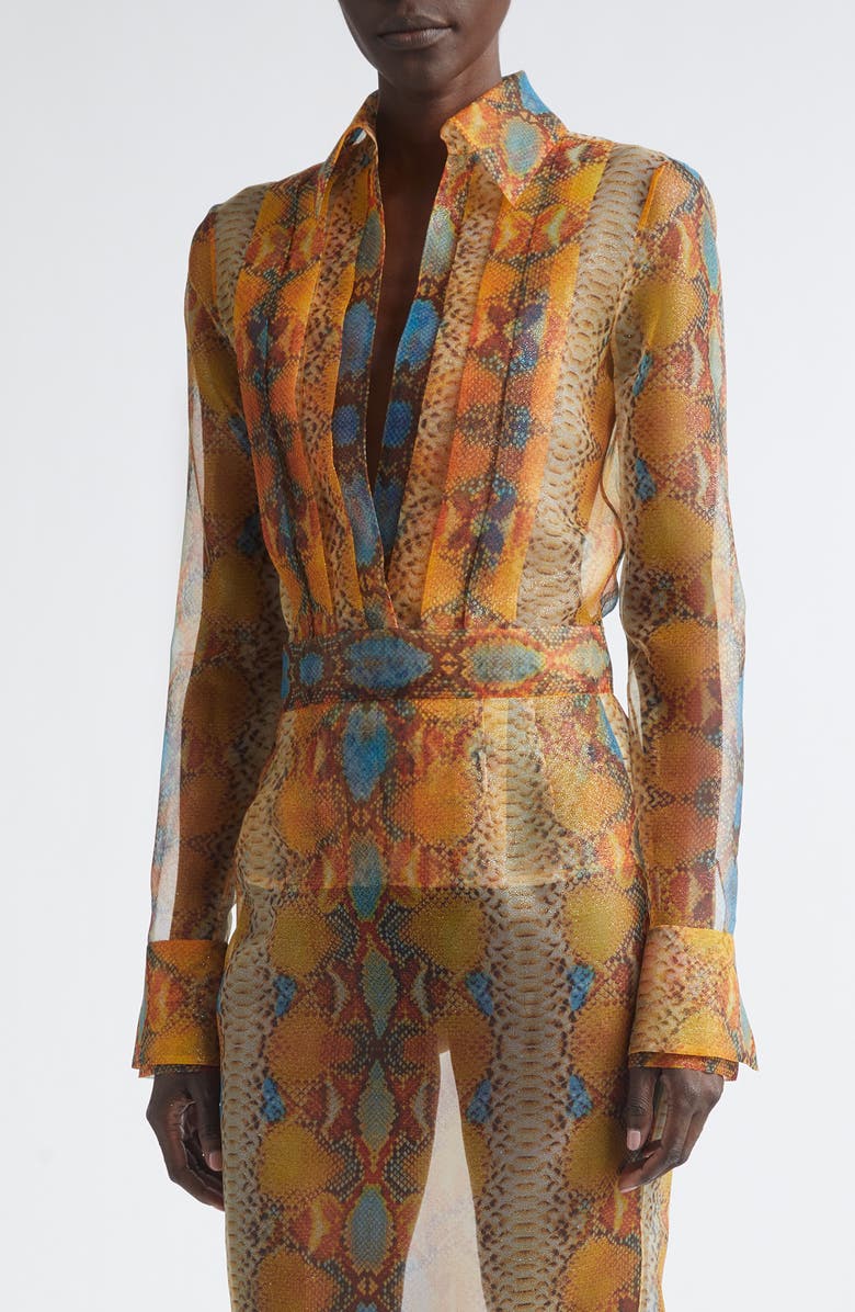 LaQuan Smith Shimmer Snakeskin Print Pleated Double Cuff Button-Up Shirt, Main, color, Snake