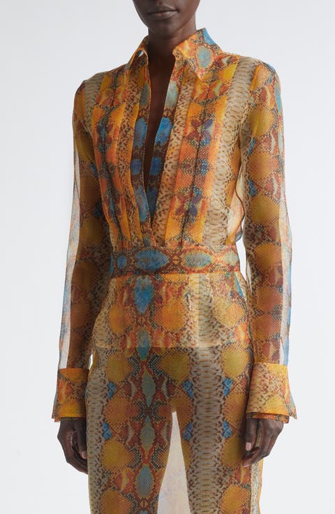 Shimmer Snakeskin Print Pleated Double Cuff Button-Up Shirt