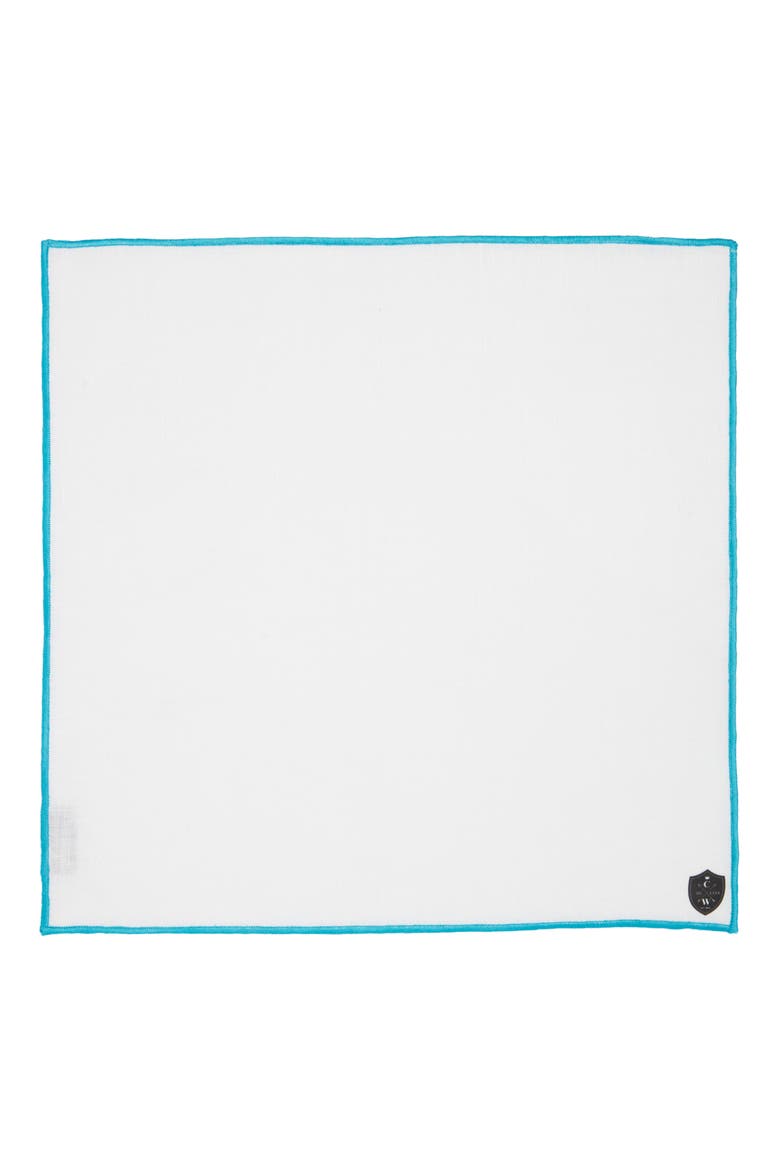White Linen Pocket Square with Aqua Trim, Alternate, color, AQUA