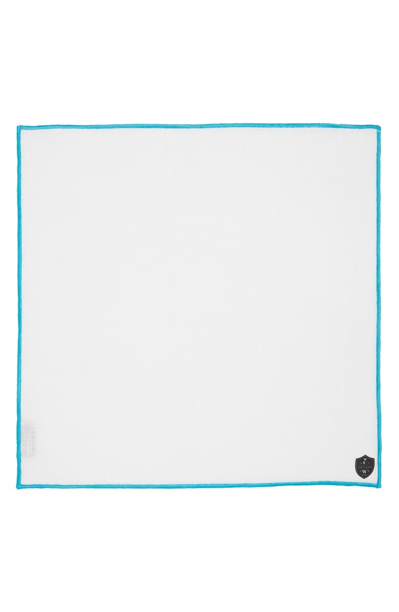 CLIFTON WILSON White Linen Pocket Square with Aqua Trim, Alternate, color, Aqua