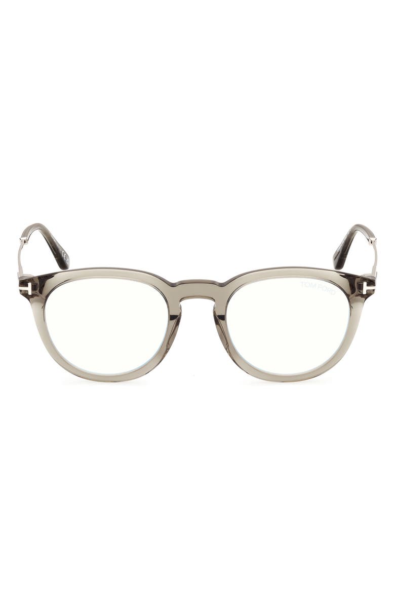 TOM FORD 49mm Round Blue Light Blocking Optical Glasses, Main, color, Olive / Palladium / T Logo
