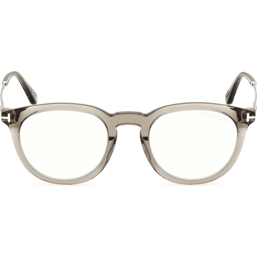 Tom Ford 49mm Round Blue Light Blocking Optical Glasses In Olive/palladium/t Logo