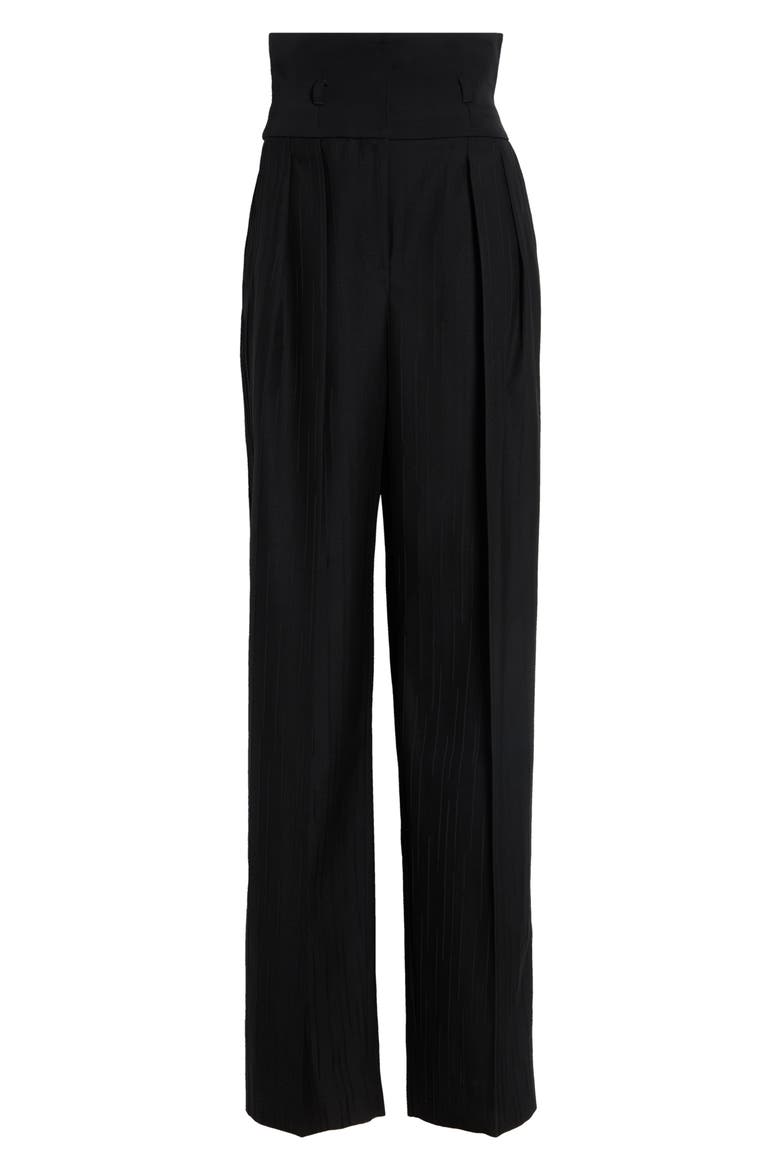 High Waist Virgin Wool Jacquard Straight Leg Pants, Main, color, BLACK