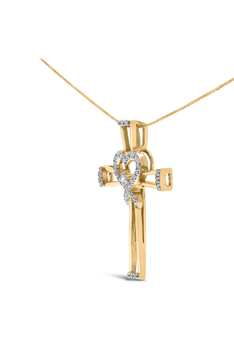 14K Yellow Gold Plated Silver 1/6 Cttw Diamond Heart and Ribbon Cross Pendant, Alternate, color, Yellow