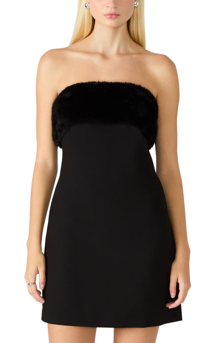Steve Madden Aster Faux Fur Trim Strapless Minidress, Alternate, color, Black