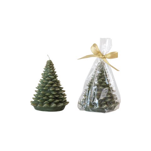 Round Holiday Tree Shaped Candle with Gold Tips, Evergreen Color
