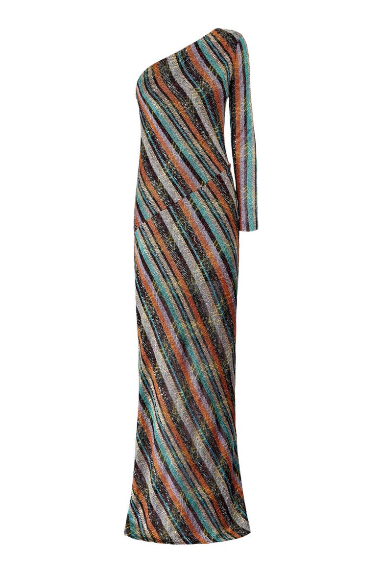 One-shoulder Long Dress In Irregular Zig Zag Knit With Sequins, Alternate, color, Multicoloured